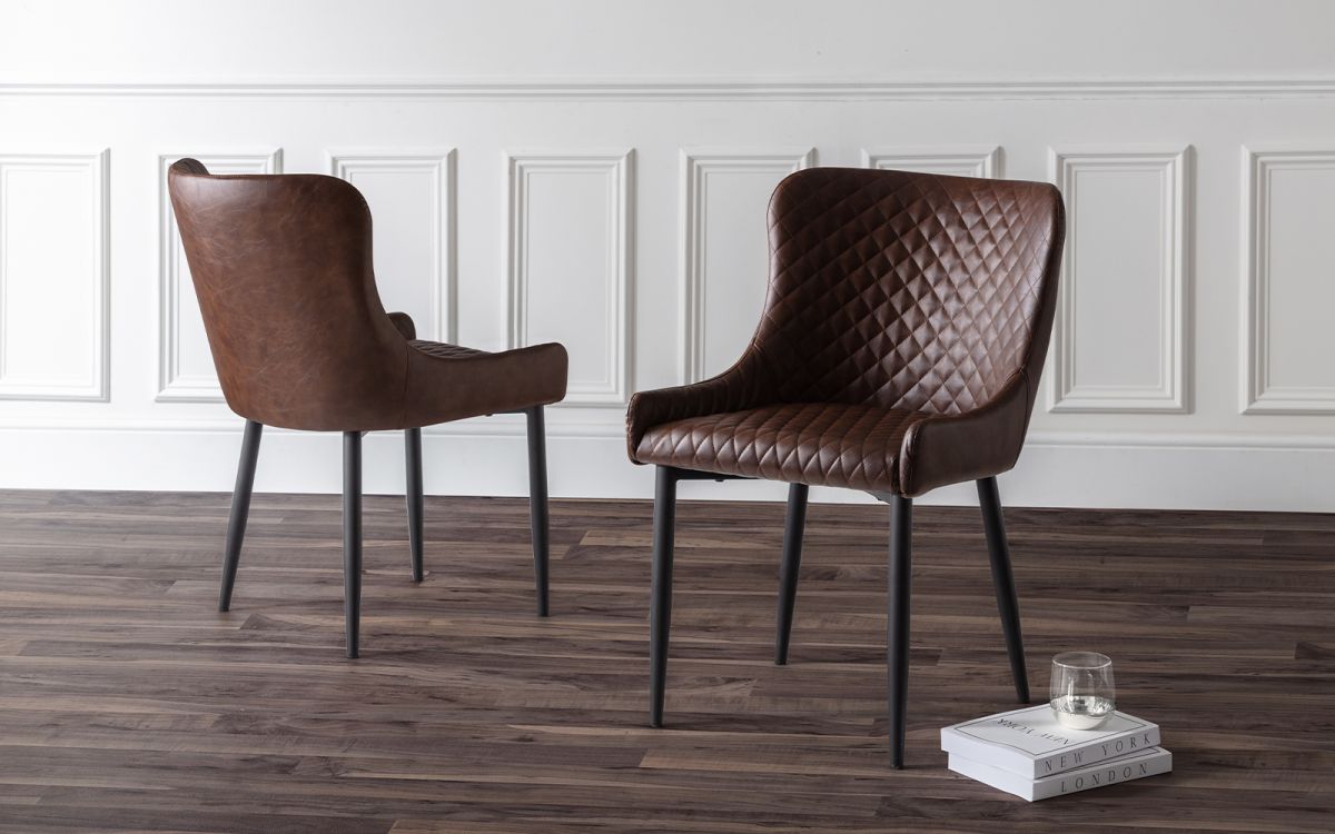 Berwick Dining Table & 6 Luxe Dining Chairs Brown Faux Leather