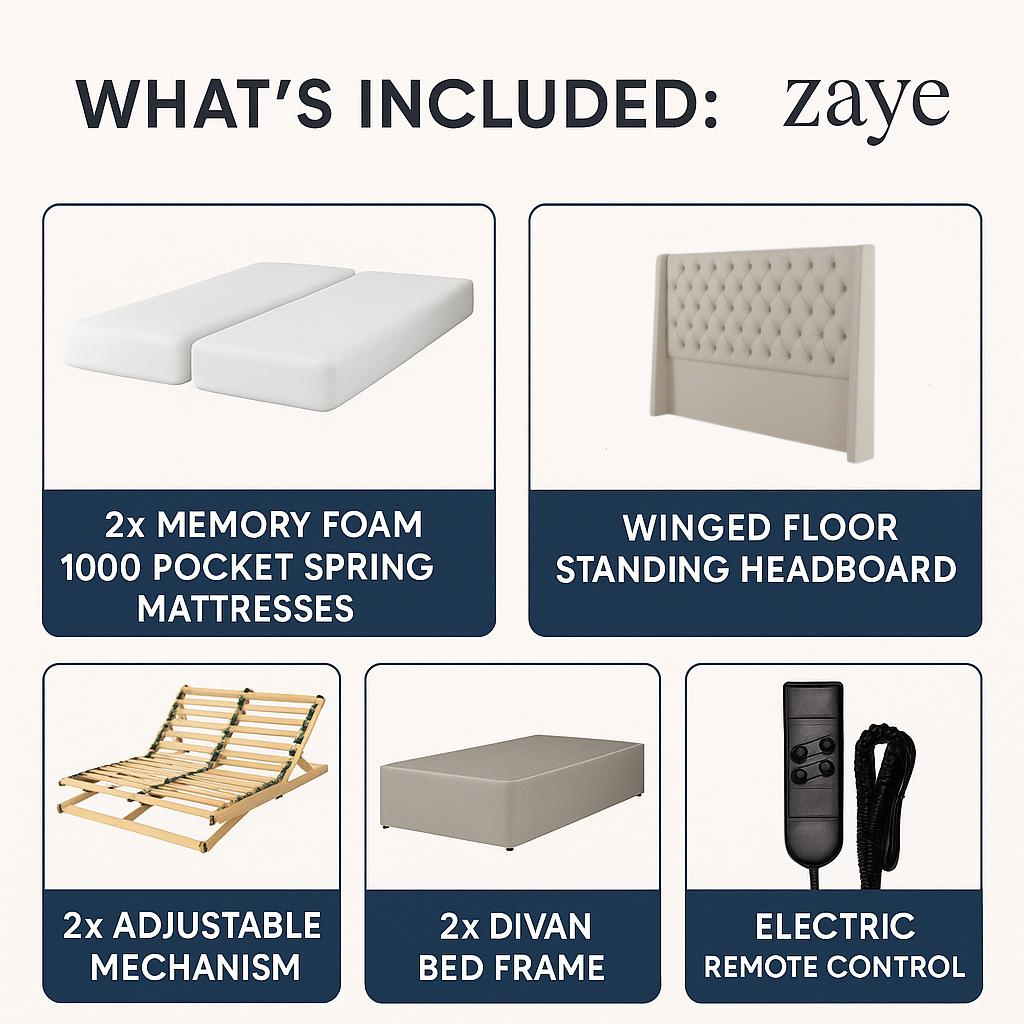 HarmonyLift Luxe 9000 Premium Adjustable Bed – Electric Adjustable Frame with Memory Foam Mattress | CREAM