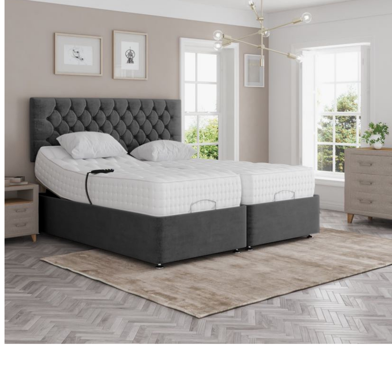 Madeline Electric Adjustable Bed Set – Fabric Pocket Sprung Mattress with Chesterfield Headboard | SILVER