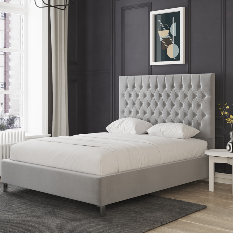 Marie Light Grey Upholstered Chesterfield Headboard Bed Frame – Luxury Buttoned Design | GRAY