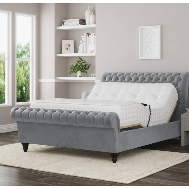 Emma Electric Adjustable Upholstered Sleigh Bed Frame – German Engineered Comfort & Luxury Support | SILVER