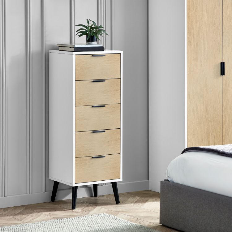 Alba 5 Drawer Narrow Chest - White/Oak