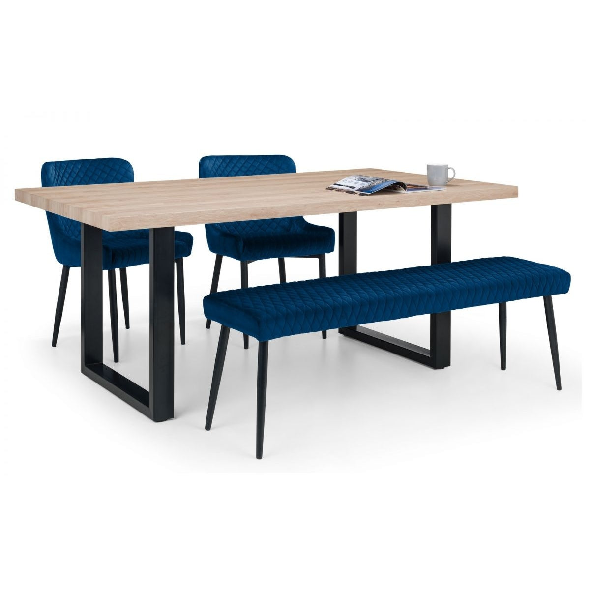 Berwick Dining Table, Luxe Low Blue Bench & 2 Luxe Blue Chairs