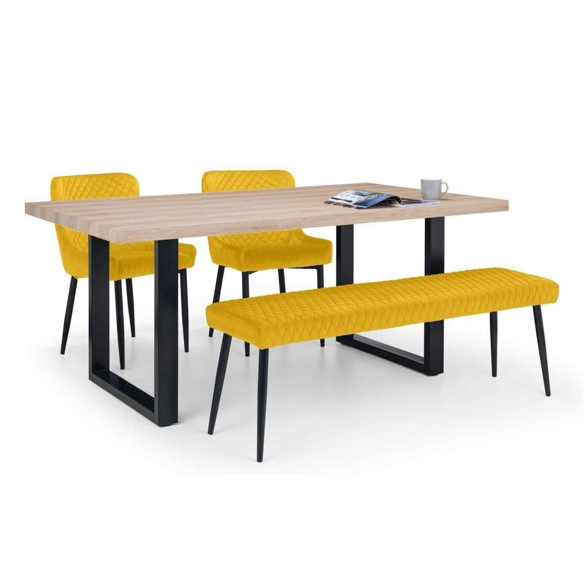 Berwick Dining Table, Luxe Low Mustard Bench & 2 Luxe Mustard Chairs