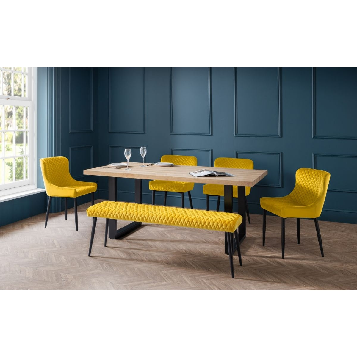 Berwick Dining Table, Luxe Low Mustard Bench & 4 Luxe Mustard Chairs