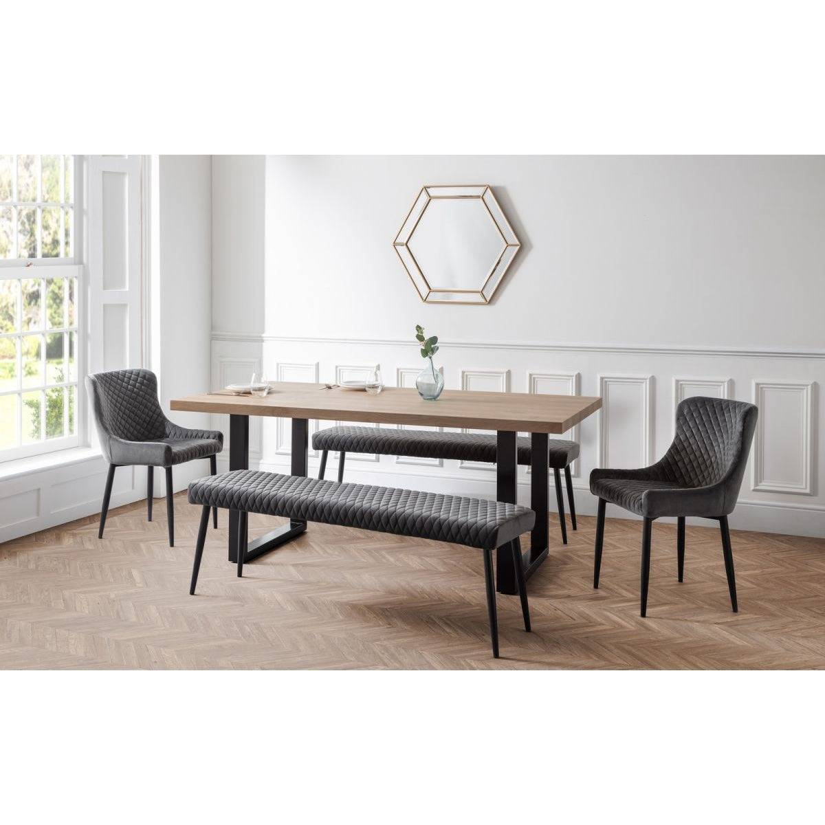 Berwick Dining Table, 2 Luxe Low Grey Benches & 2 Luxe Grey Chairs