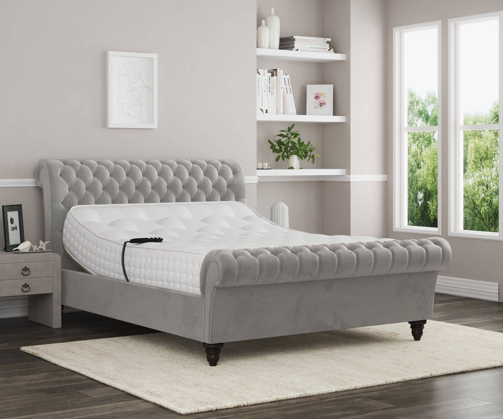 Emma Electric Adjustable Upholstered Sleigh Bed Frame – German Engineered Comfort & Luxury Support | WHITE