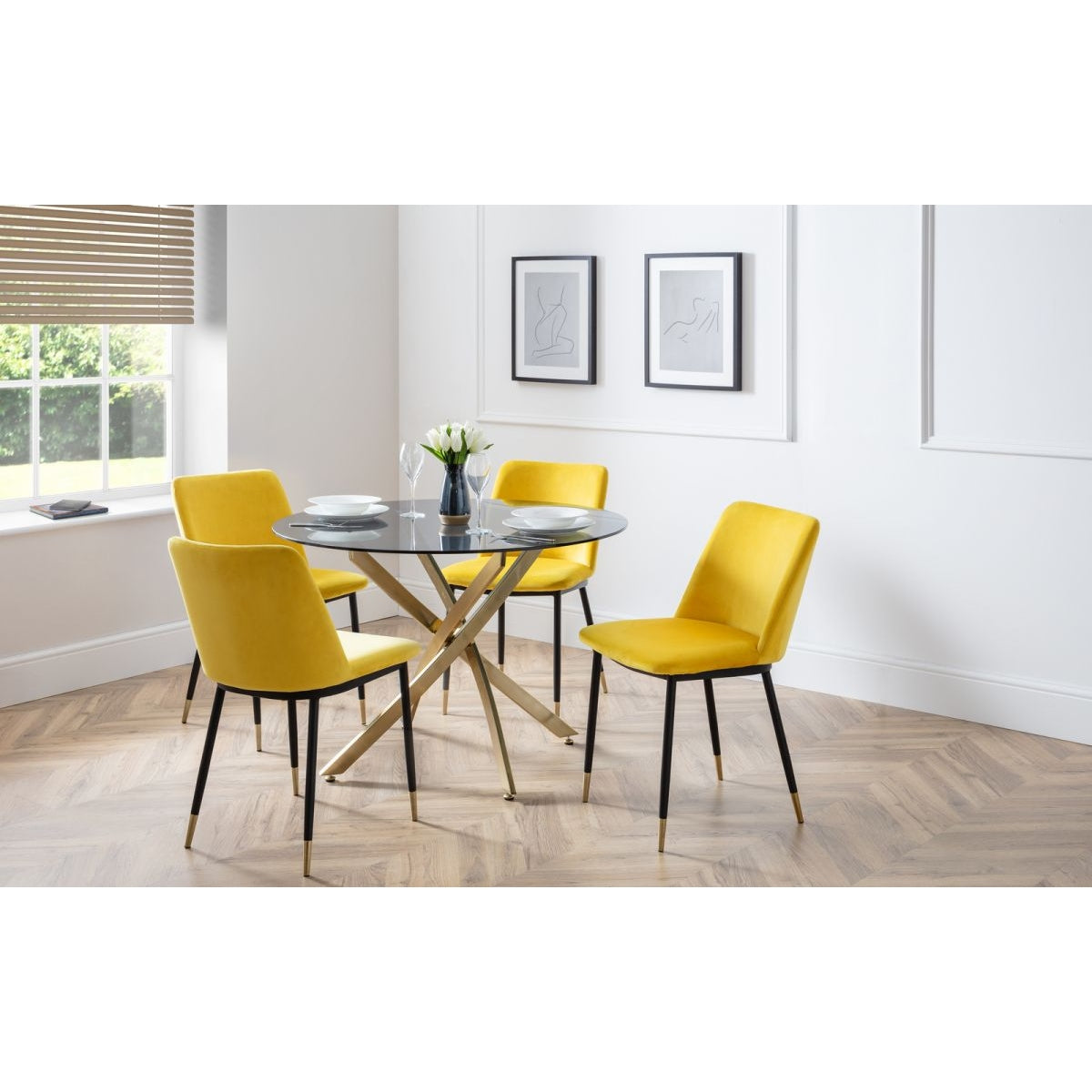 Montero Round Table & 4 Delaunay Mustard Chairs